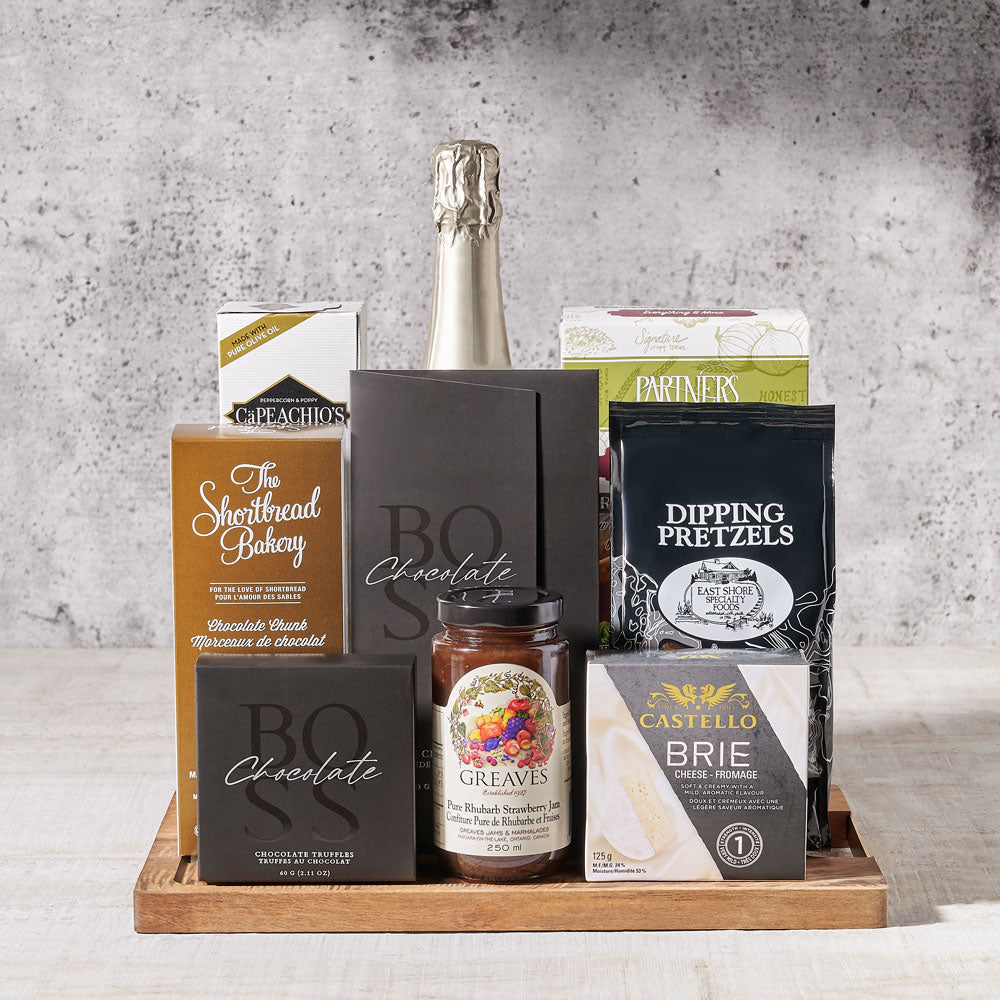 Champagne and Appetizer Cheese Board, Gourmet Gift Baskets