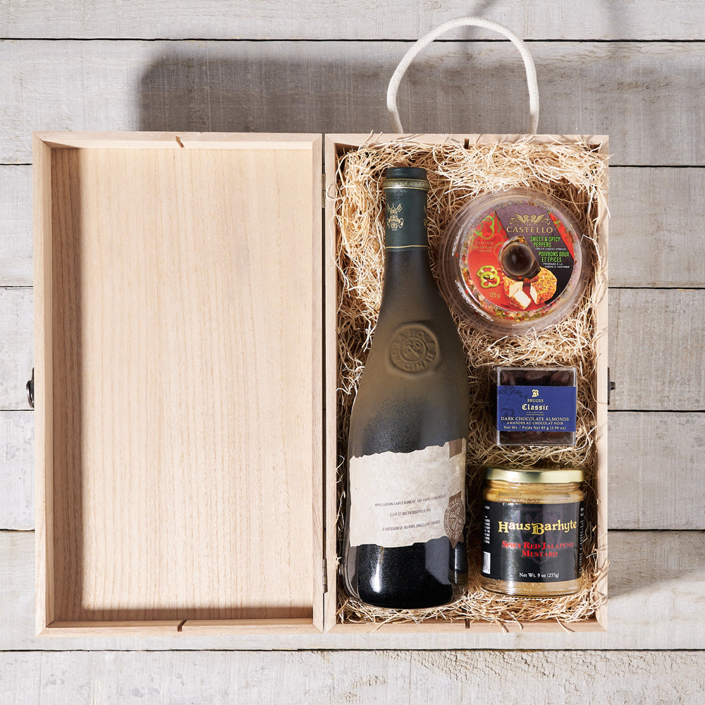 Wine & Hors d'oeuvre Gift Box. Wine Gift Crate, Wine Gift Baskets, Chocolate Gift Baskets.