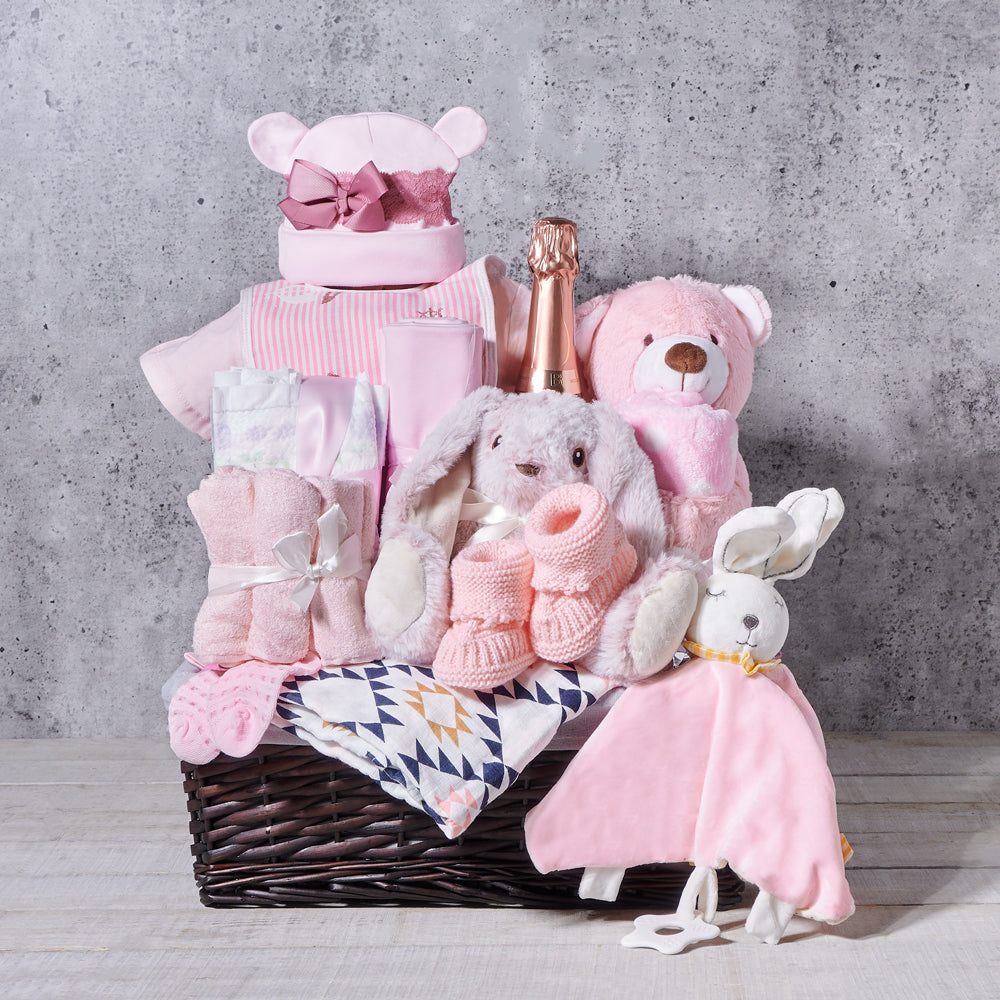 New Baby Girl Bubbly Welcoming Gift Basket โ Hazelton's Gift