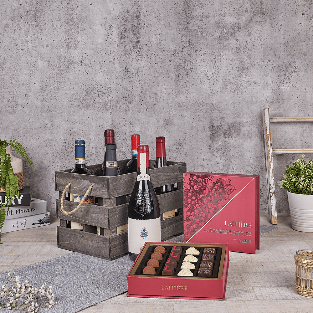 Table Wine Gift Crate with Chocolates – how the gift is presented