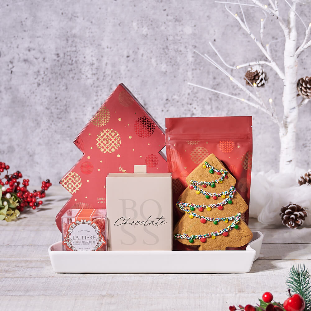Holiday Christmas Cookie and Chocolate Basket – how the gift is presented