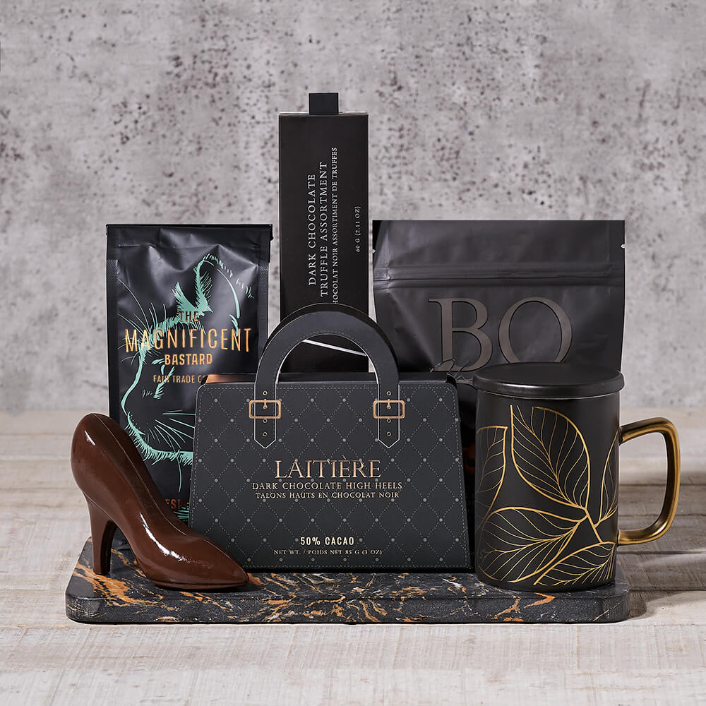 Dark Chocolate Coffee Indulgence Basket – how the gift is presented