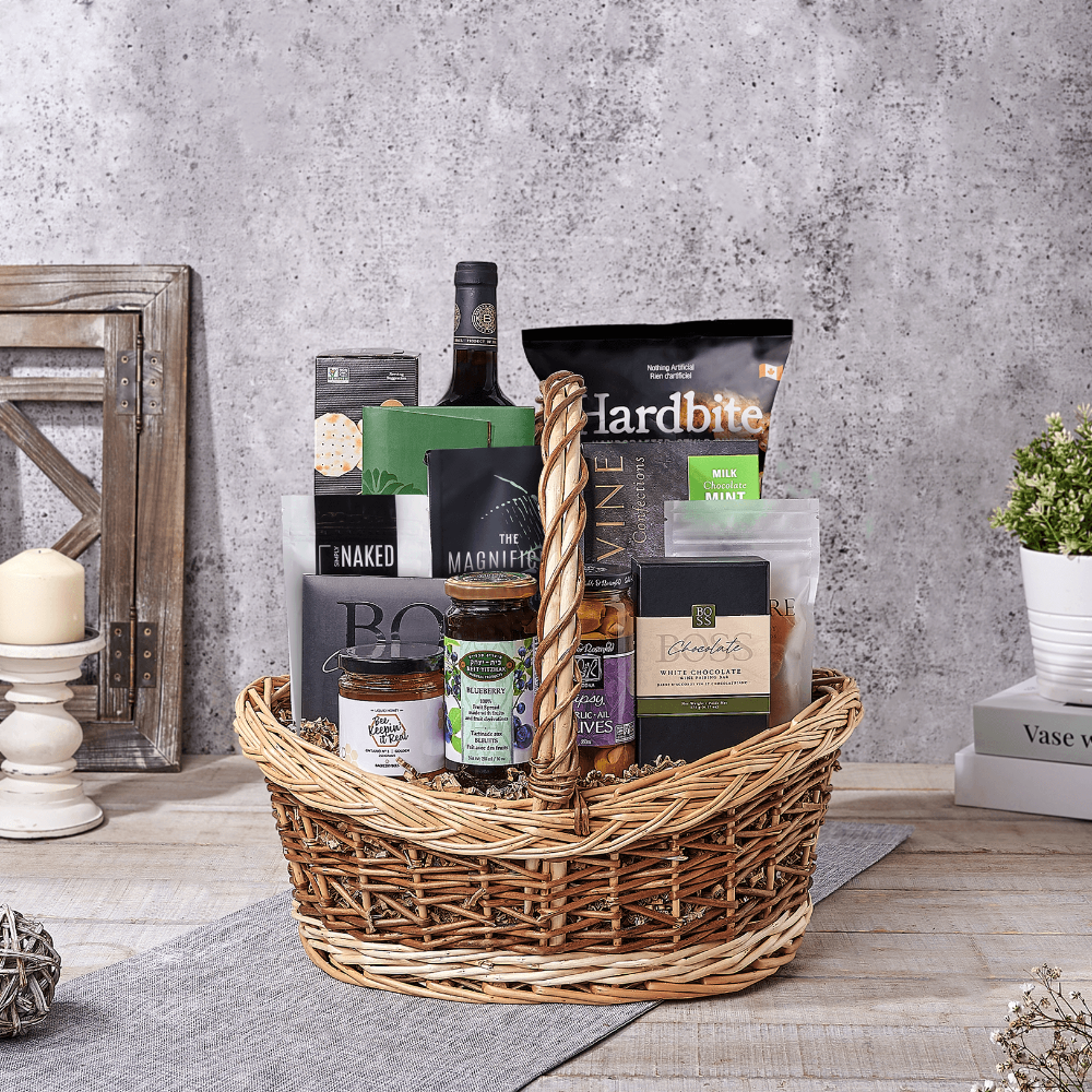 Purim Gift Basket with Kosher Wine and Premium Gourmet Treats – how the gift is presented