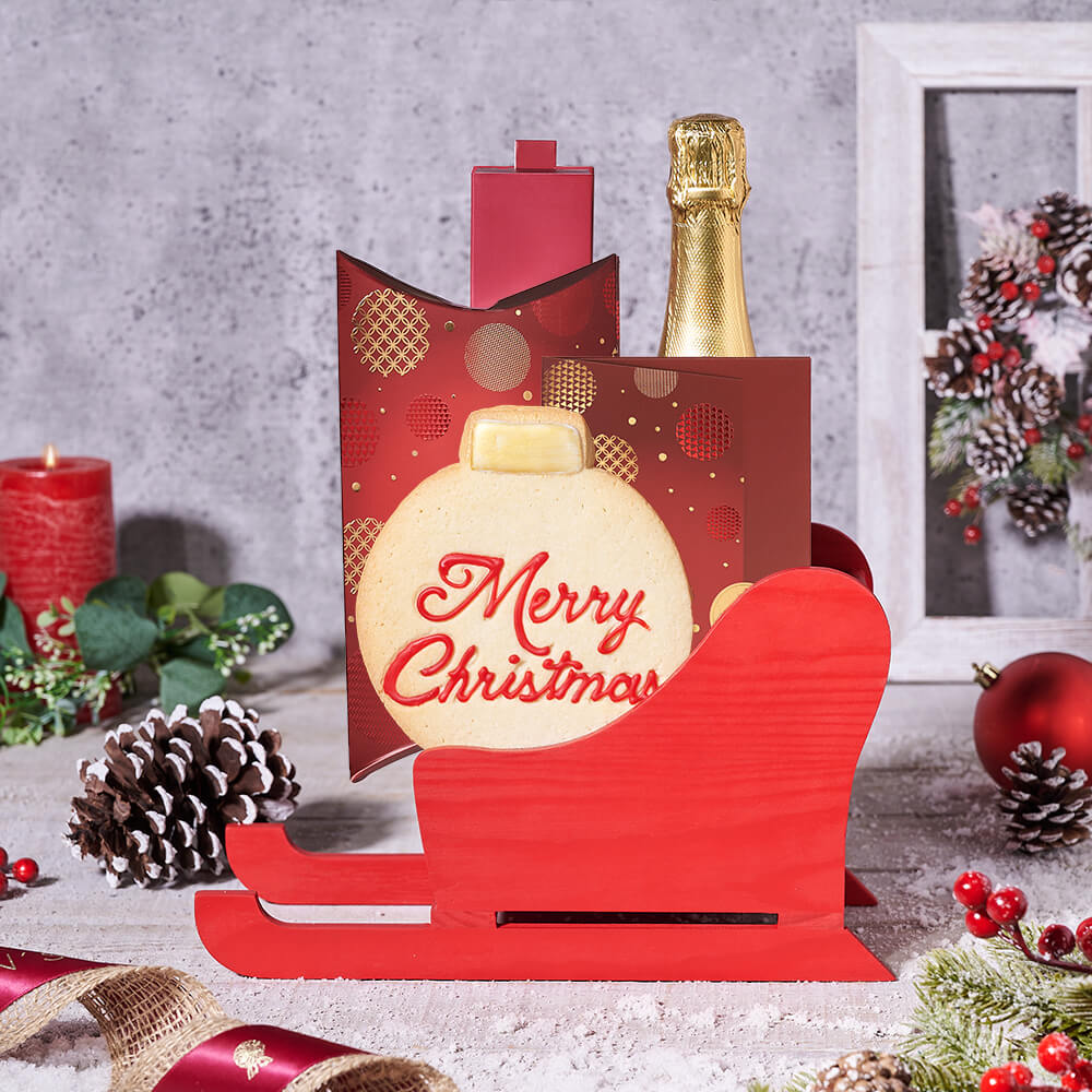 Holiday Sparkling Wine and Gourmet Chocolate Sleigh Gift – how the gift is presented