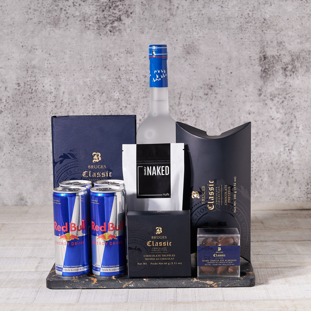 Chocolate and Nuts Liquor Basket – how the gift is presented