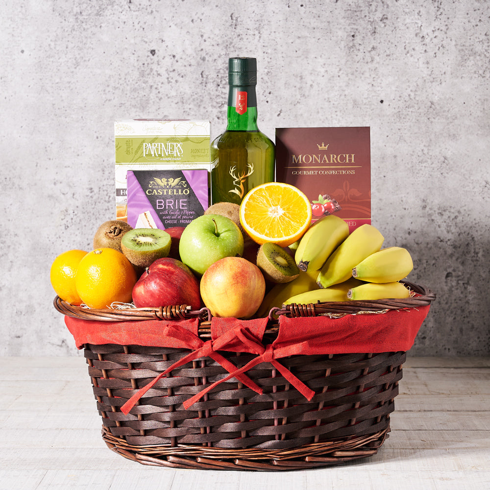 chocolate, cheese, fruit gift basket