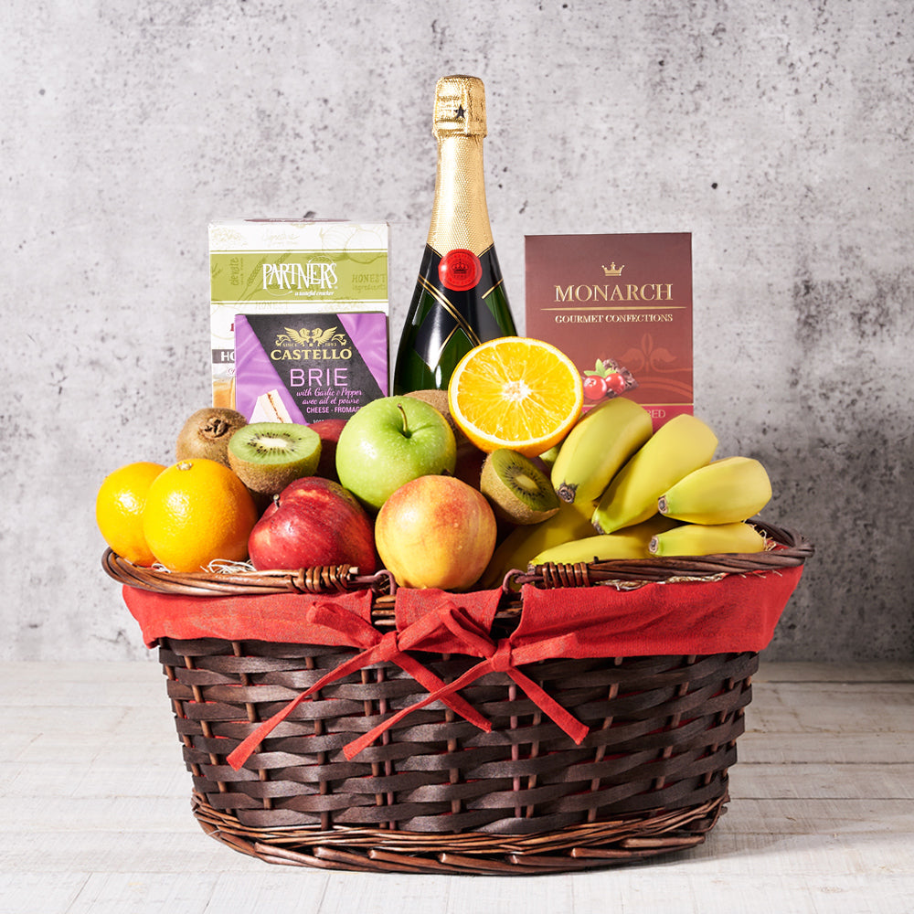 Great for the family cook or anyone who enjoys healthy foods, Champagne & Fruit Salad Basket comes with beautiful dark wicker shop basket lined with a washable, red cloth.