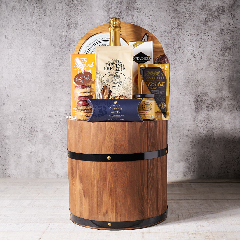 Gourmet Gift Barrel with Champagne, Gourmet Gift Baskets, Champagne Gift Baskets, Cheese, Crackers, Cookies, Chocolates, Champagne