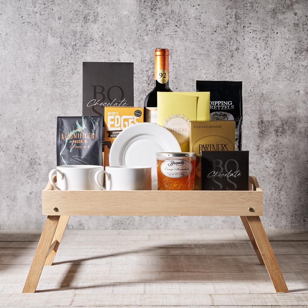 Chateau Renault Gift Basket – Wine gift baskets, wine, wine gift baskets, baskets, espresso beans, coffee beans, coffee, orange marmalade, marmalade, sesame crackers, crackers, chocolate bar, chocolate, pretzels, dipping pretzels, salted caramel cookies, salted caramel, caramel, cookies, tea cup, tea cups, sauces, bamboo bed tray, bamboo tray, bed tray