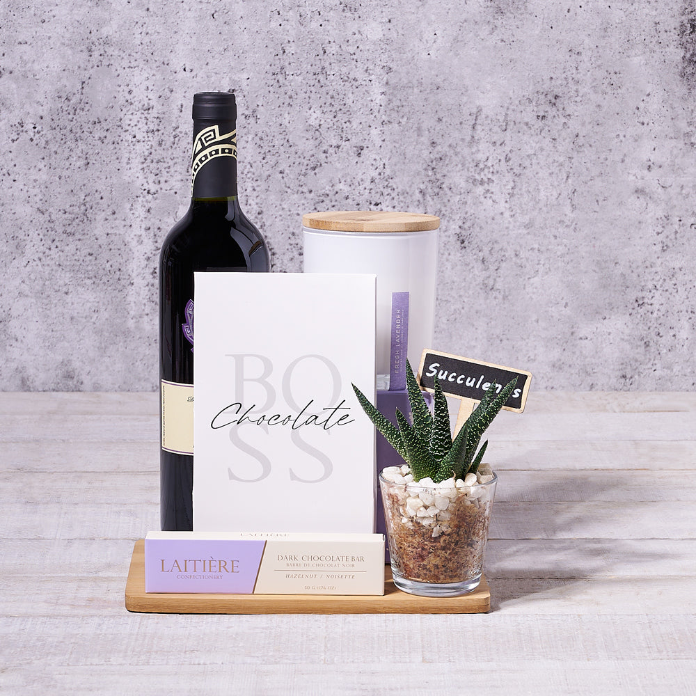 Sophisticated Wine Gift Basket with Laitière Chocolates and Bamboo Cutting Board – how the gift is presented