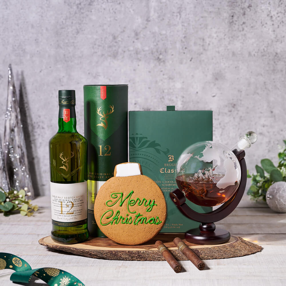 Liquor Basket with Christmas Treats – how the gift is presented
