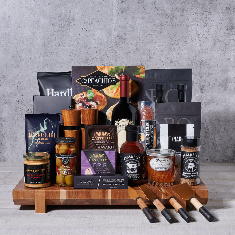 Gourmet Wine Gift Basket with Knives – how the gift is presented