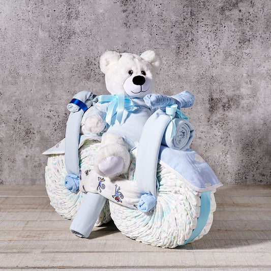 Blue Motorcycle Diaper Cake Gift, baby gift, baby, baby boy gift, baby boy, new baby gift, new baby, baby shower gift, baby shower