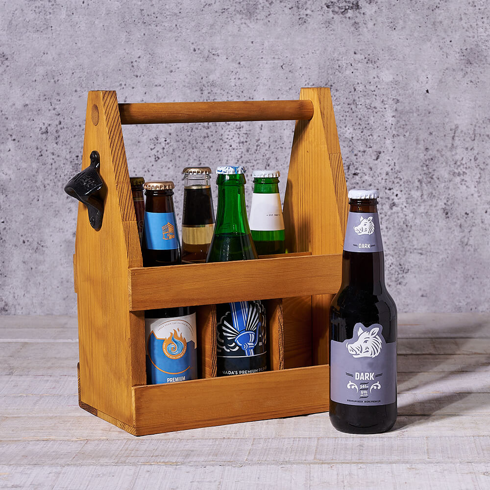 Craft Beer Six-Pack in Wood Carrier – how the gift is presented