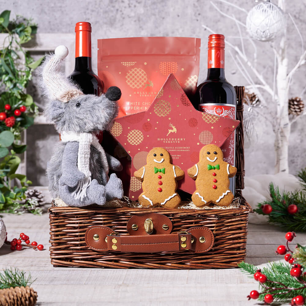 Holiday Two-Bottle Wine and Peppermint Popcorn Picnic Basket – how the gift is presented