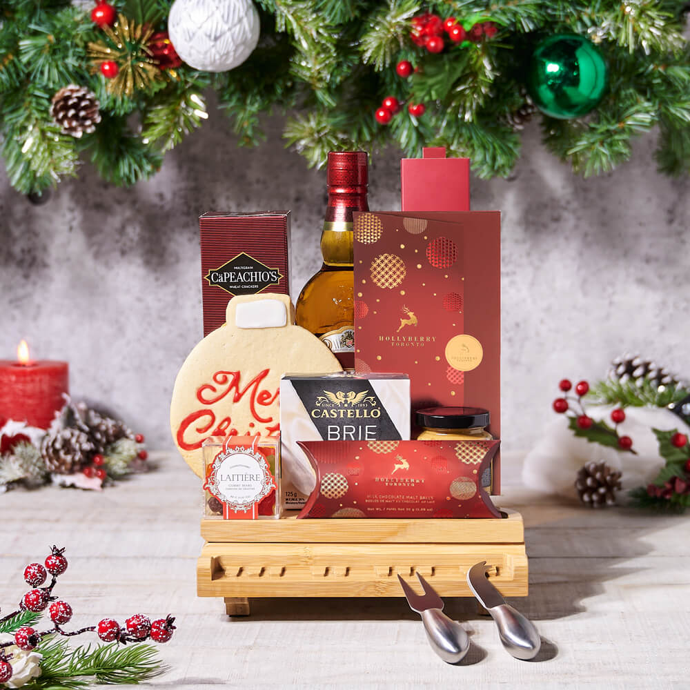 Spirits and Brie Christmas Basket – how the gift is presented