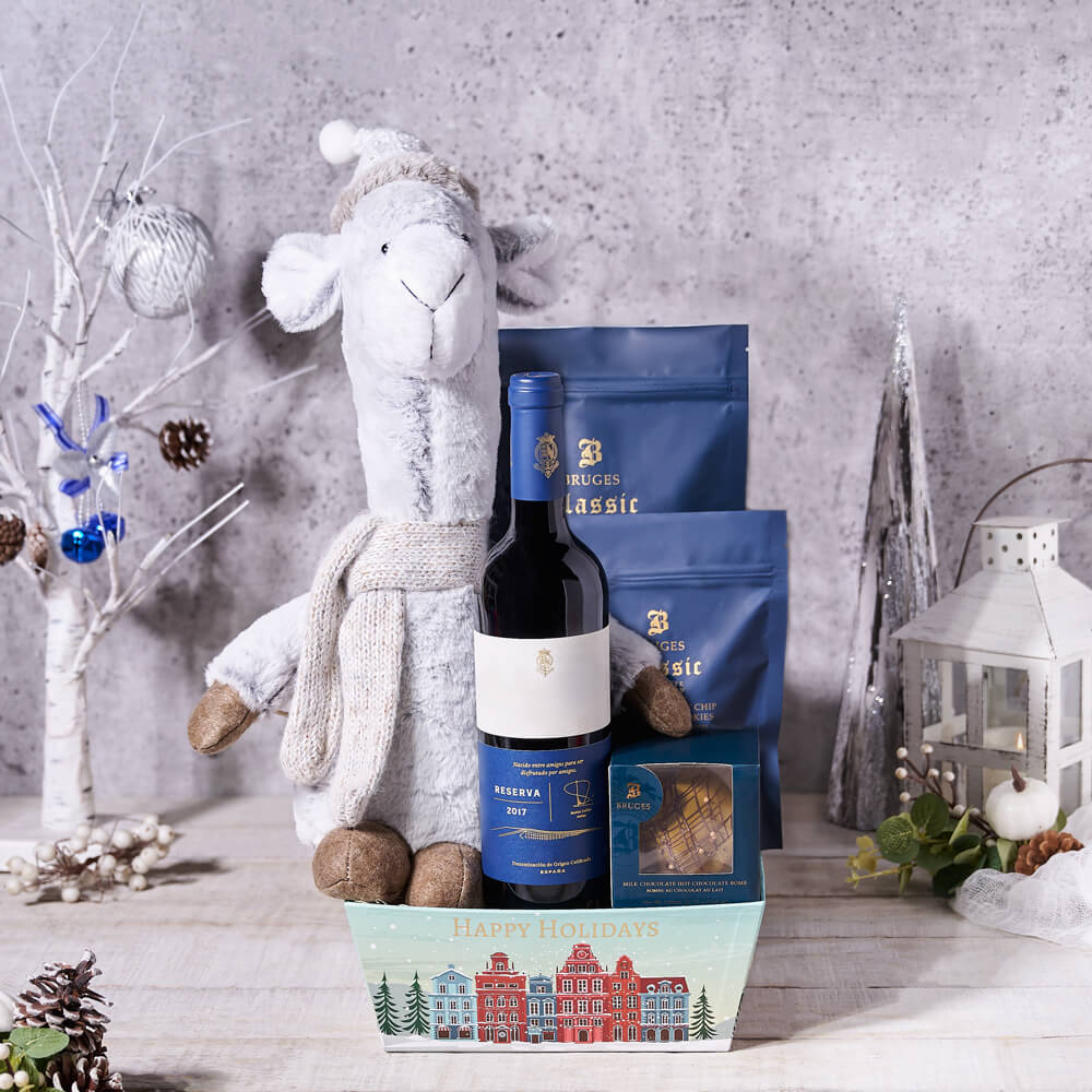 Christmas Wine and Plush Llama – how the gift is presented