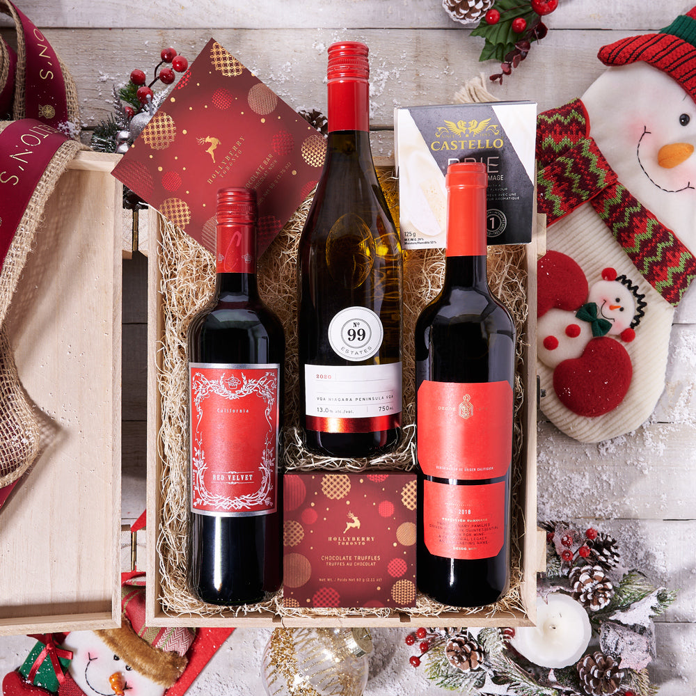 Three-Bottle Wine Gift Basket Featuring Castello Brie and Holiday Chocolates – how the gift is presented