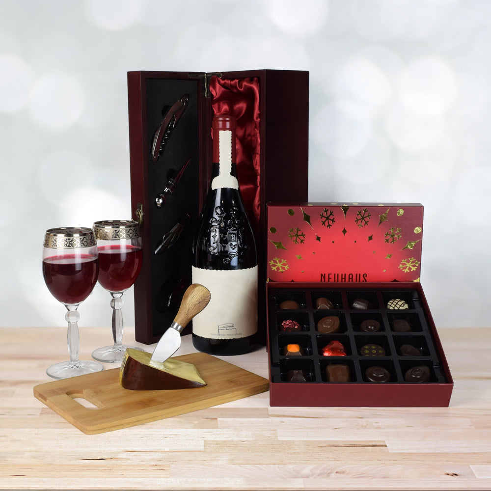 Holiday Wine Gift Basket with Neuhaus Pralines and Fine Cheese – how the gift is presented