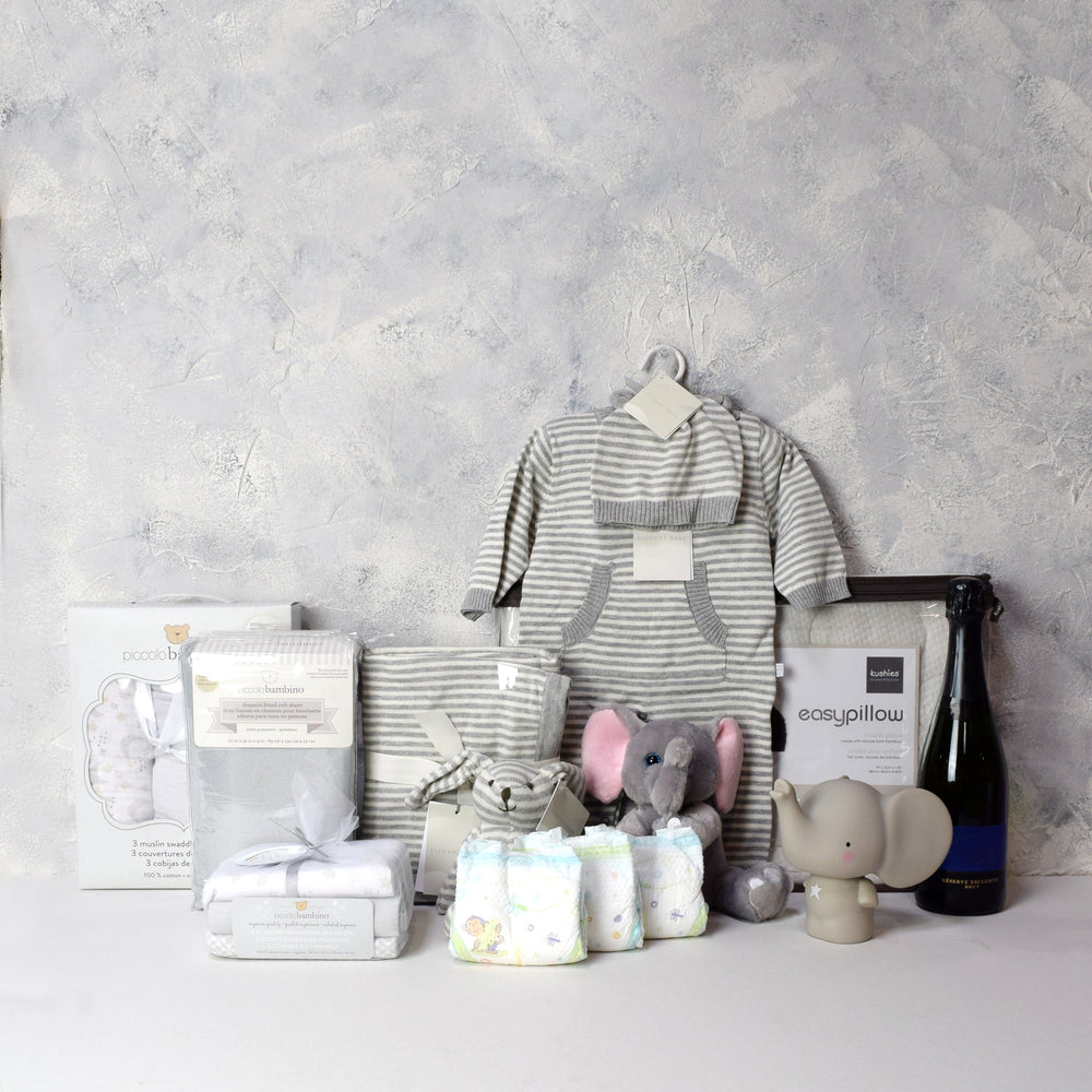 Champagne Baby Blanket Gift Basket – how the gift is presented