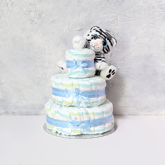 White Tiger & Diaper Cake Gift Set, baby gift baskets, baby gifts, gift baskets Hazelton's 