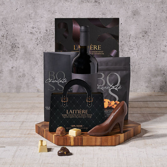 Dark Chocolates with Wine Gift Basket, chocolate gift, chocolate, gourmet gift, gourmet, wine gift, wine