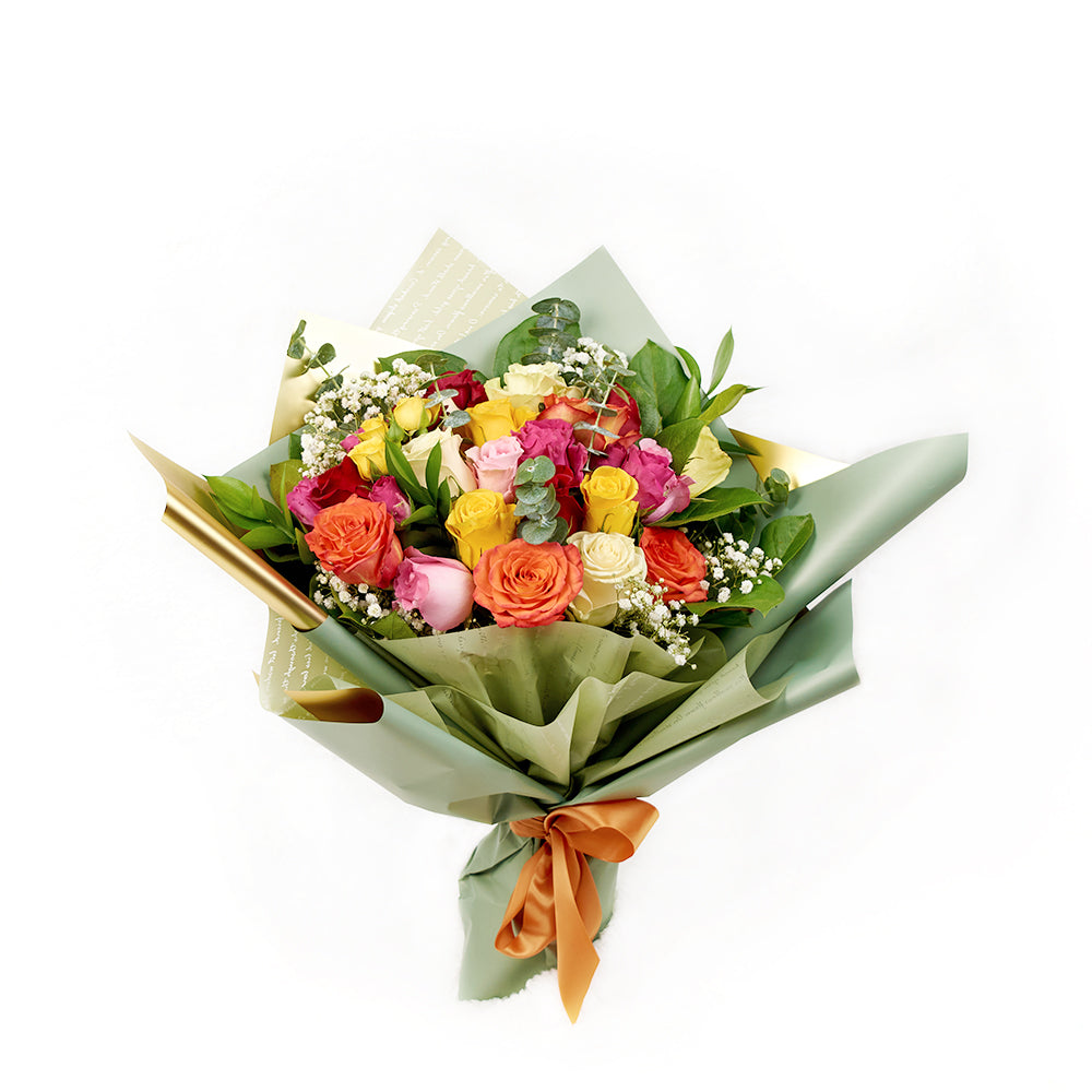 Mixed rose bouquet in red, yellow, and orange.