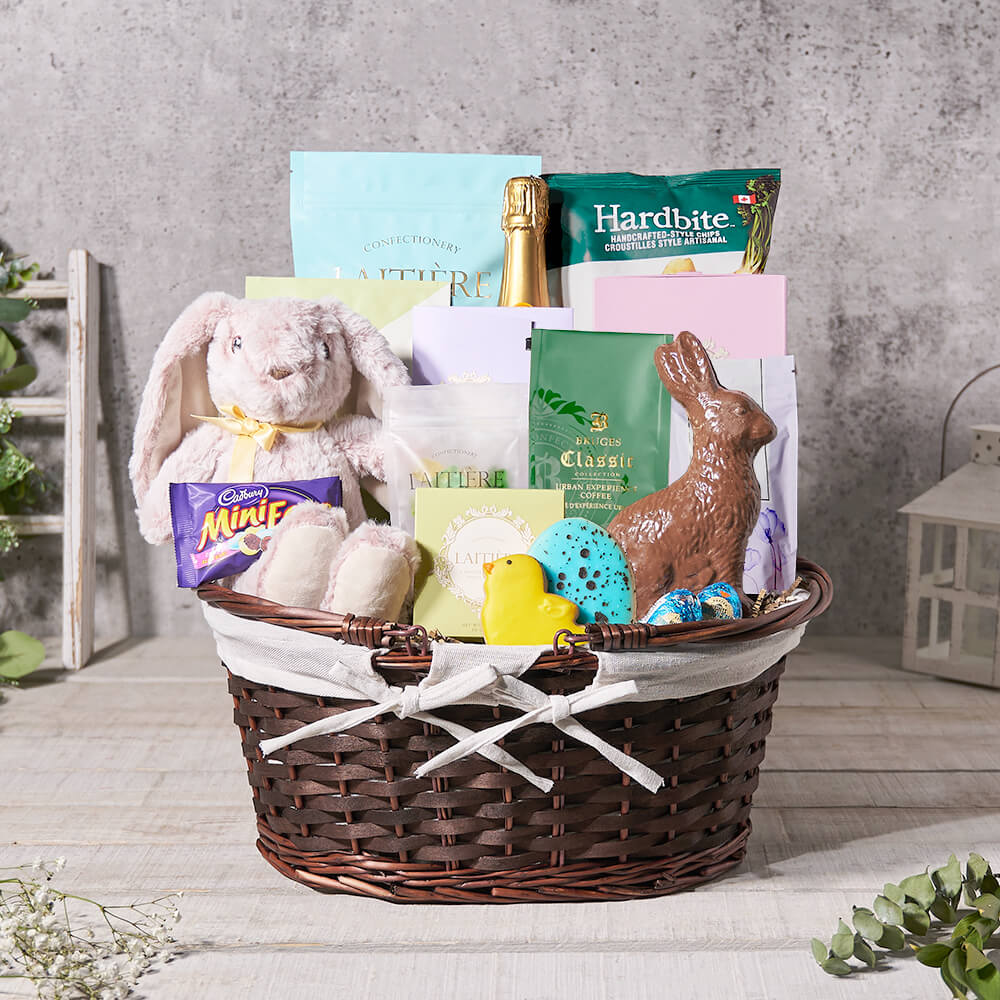 Easter Feast Basket with Champagne, easter gift, easter, champagne gift, champagne, sparkling wine gift, sparkling wine, chocolate gift, chocolate, tea gift, tea, gourmet gift