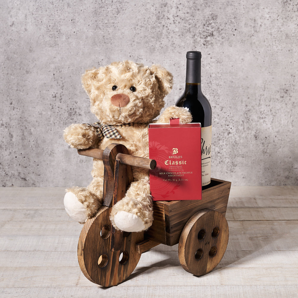 Wine and Plush Bear Gift Basket – how the gift is presented