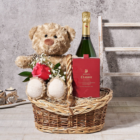 Bear & Bubbly Valentine’s Gift Basket, Valentine's Day gifts, sparkling wine gifts, chocolate gifts, plush gifts