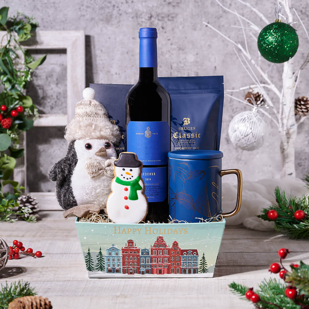 Frosty Wine & Treats Gift Basket, wine gift, wine, christmas gift, christmas, holiday gift, holiday, gourmet gift