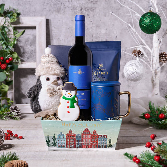 Frosty Wine & Treats Gift Basket, wine gift, wine, christmas gift, christmas, holiday gift, holiday, gourmet gift