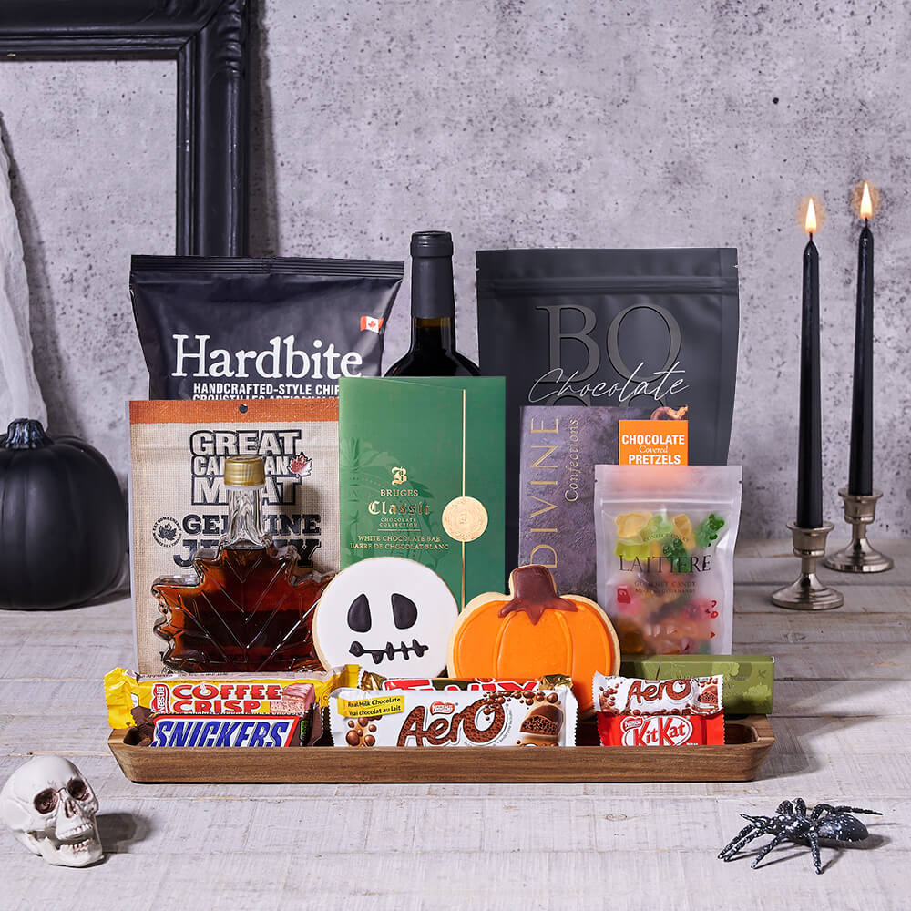 Wine Basket with Halloween Treats – how the gift is presented