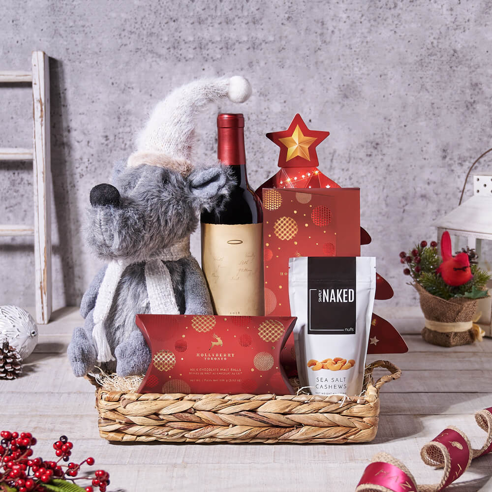 Wine and Plush Holiday Mouse Gift – how the gift is presented