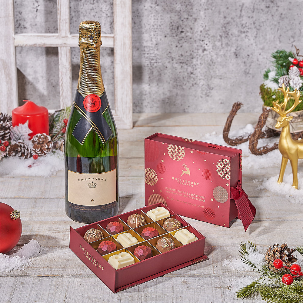 Holiday Sparkling Wine and Assorted Chocolate Truffles Gift Basket – how the gift is presented