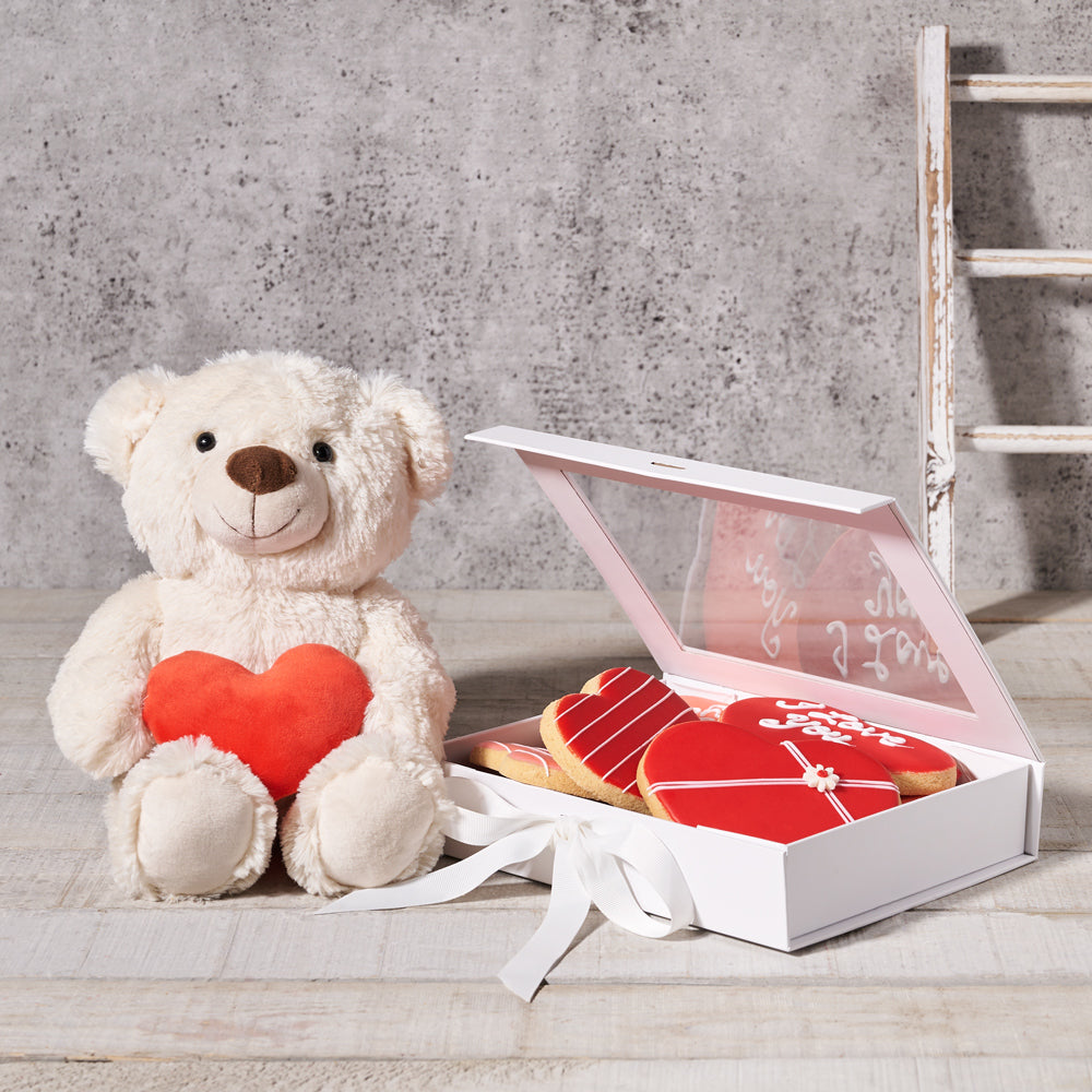 Gourmet Heart-Shaped Cookies and Tall Cream Heart Bear Gift – how the gift is presented