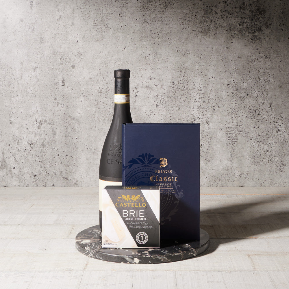 Wine Gift Basket with Artisan Brie and Bruges Milk, White & Dark Chocolates – how the gift is presented