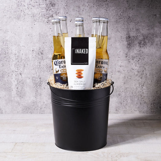 Corona & Sunshine Gift Basket, beer gift sets, gourmet gifts, gifts, beer, almonds, carrying pail