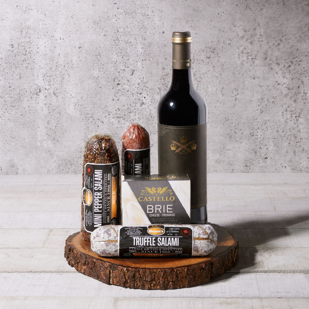 Rustic Wine and Salami Gift Basket – how the gift is presented