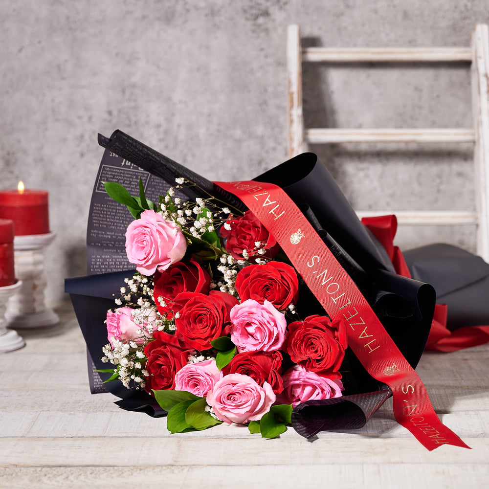 Hand-Tied Red Pink Roses – how the gift is presented