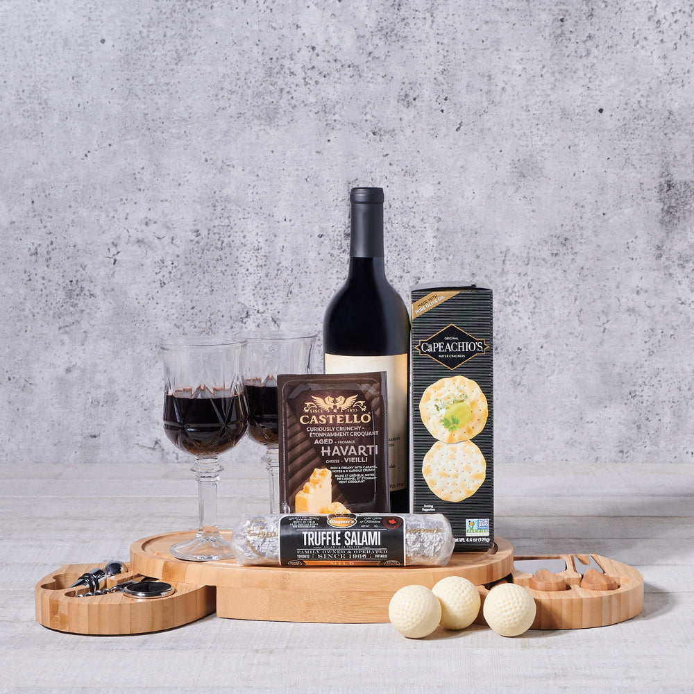 Wine Gift Basket with Golf Chocolate – how the gift is presented
