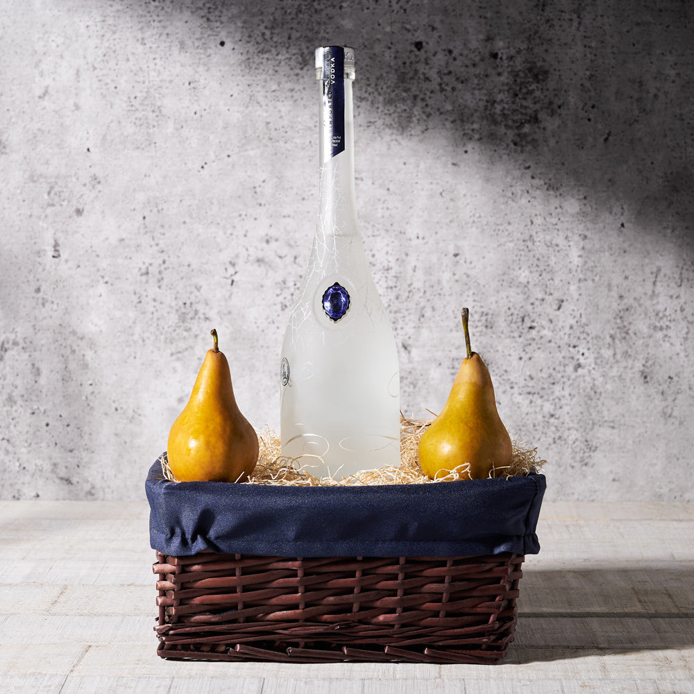 Liquor and Bosc Pears Gift Basket – how the gift is presented