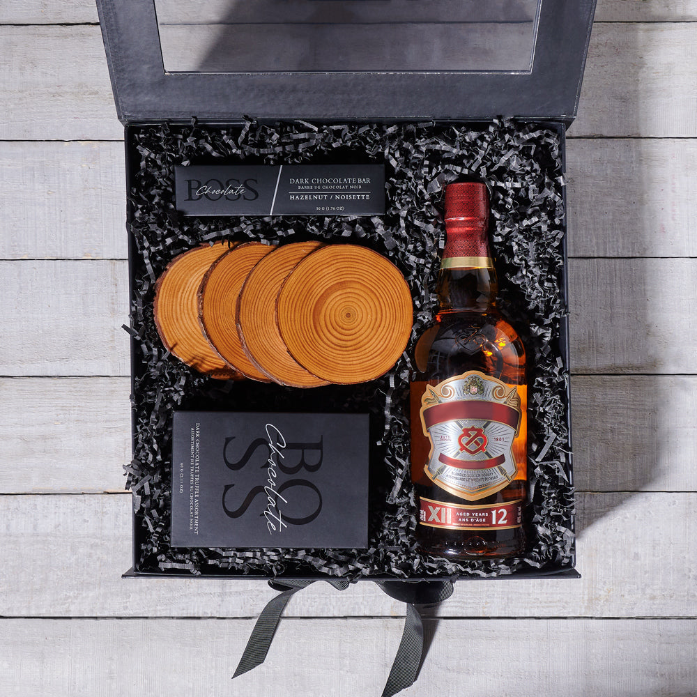 Luxury Liquor and Dark Chocolate Basket – how the gift is presented