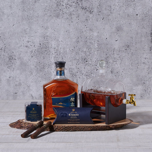 The Luxury Decanter Gift Set, liquor gift, liquor, liquor gift basket, chocolate gift, chocolates, cigar gift, 