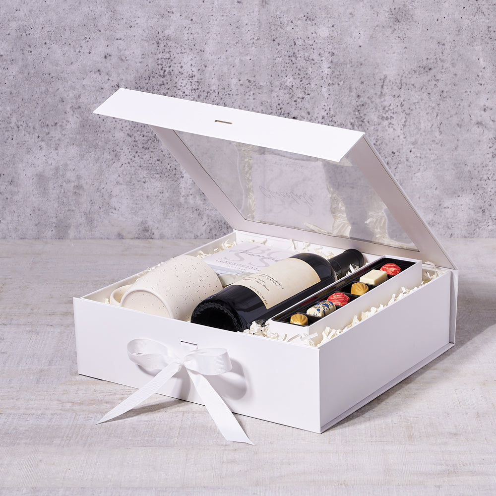 Très Chic Wine Gift Basket, wine gift, wine, tea gift, tea, chocolate gift, chocolate