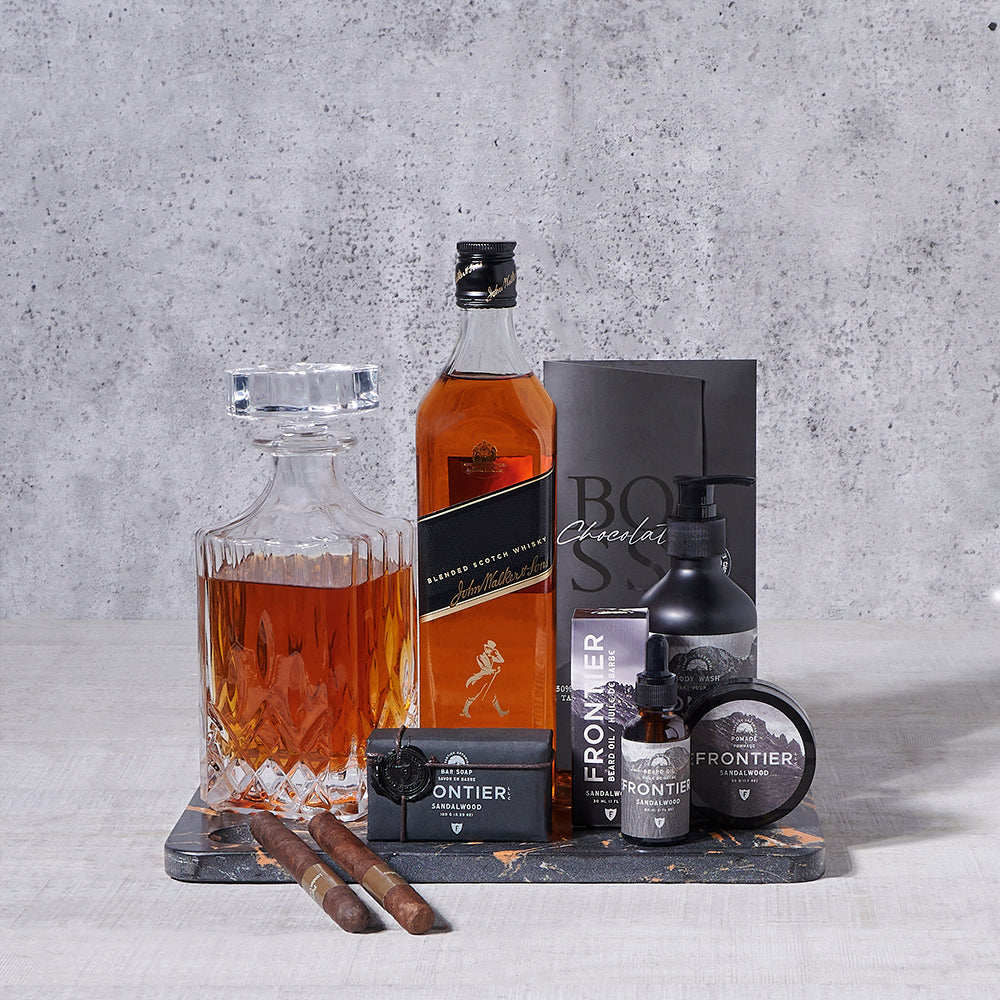 Deluxe Liquor Gift Basket Featuring Dark Chocolate and Marble Board – how the gift is presented