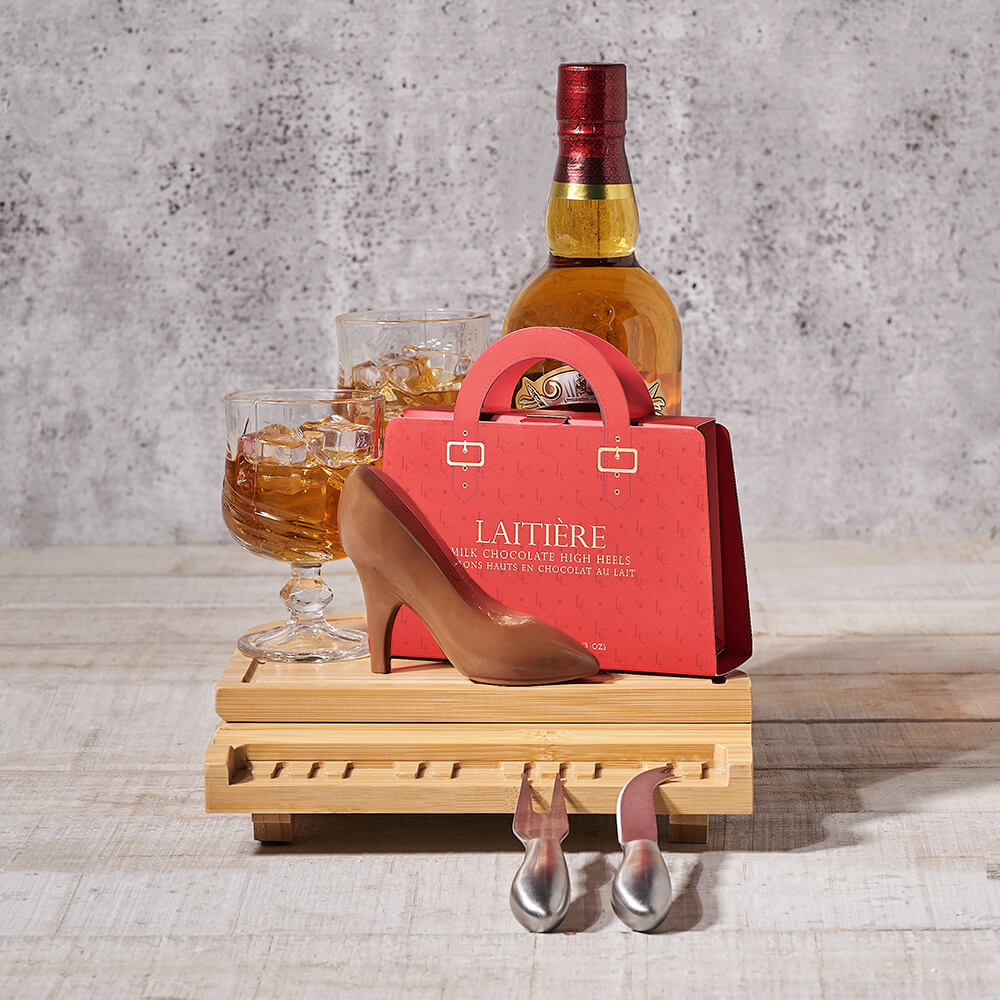 Liquor Gift Basket Featuring Milk Chocolate – how the gift is presented