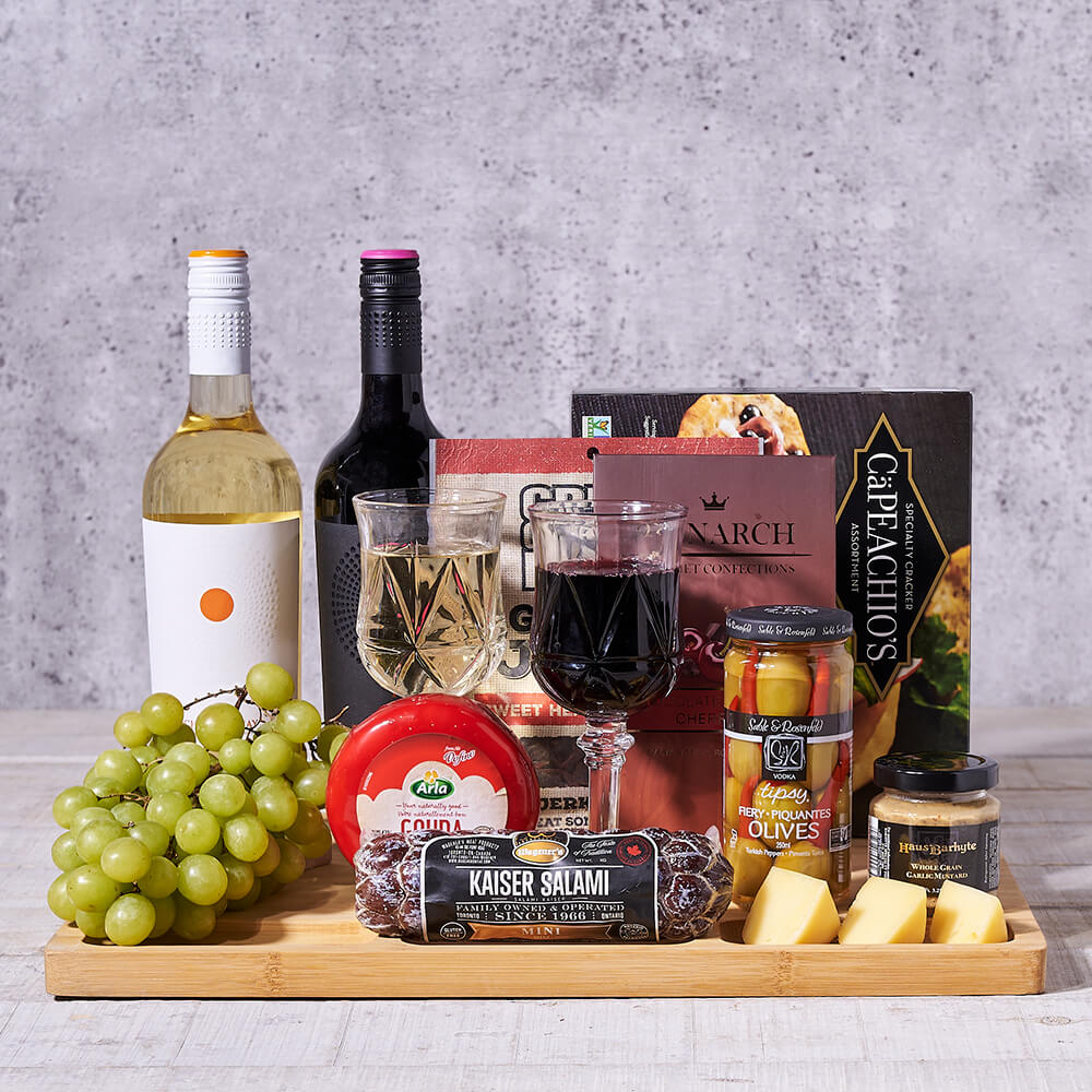 Grand Celebration Wine Gift Basket with Gourmet Cheese and Meats – how the gift is presented