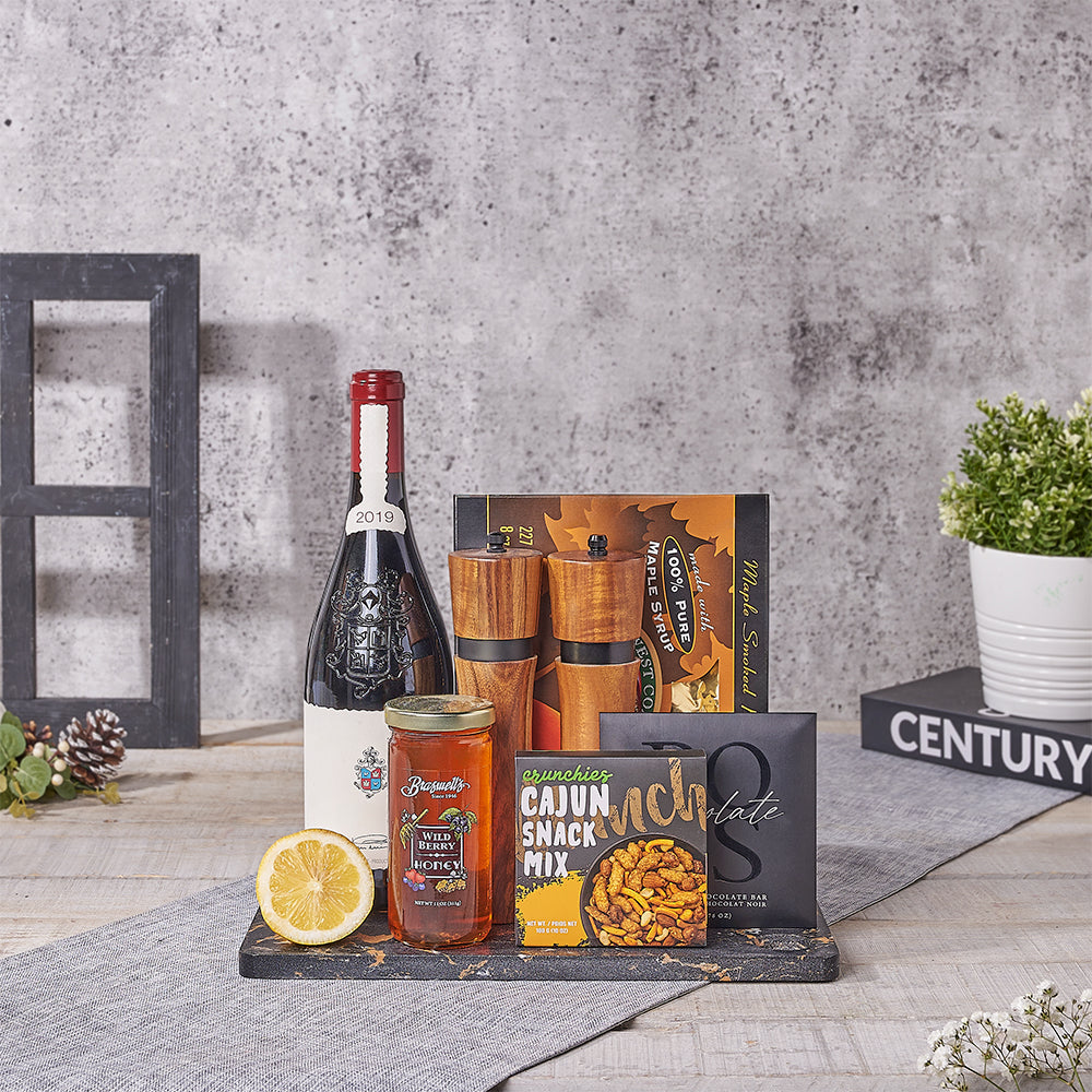 Wine and Salmon Snack Gift Basket – how the gift is presented