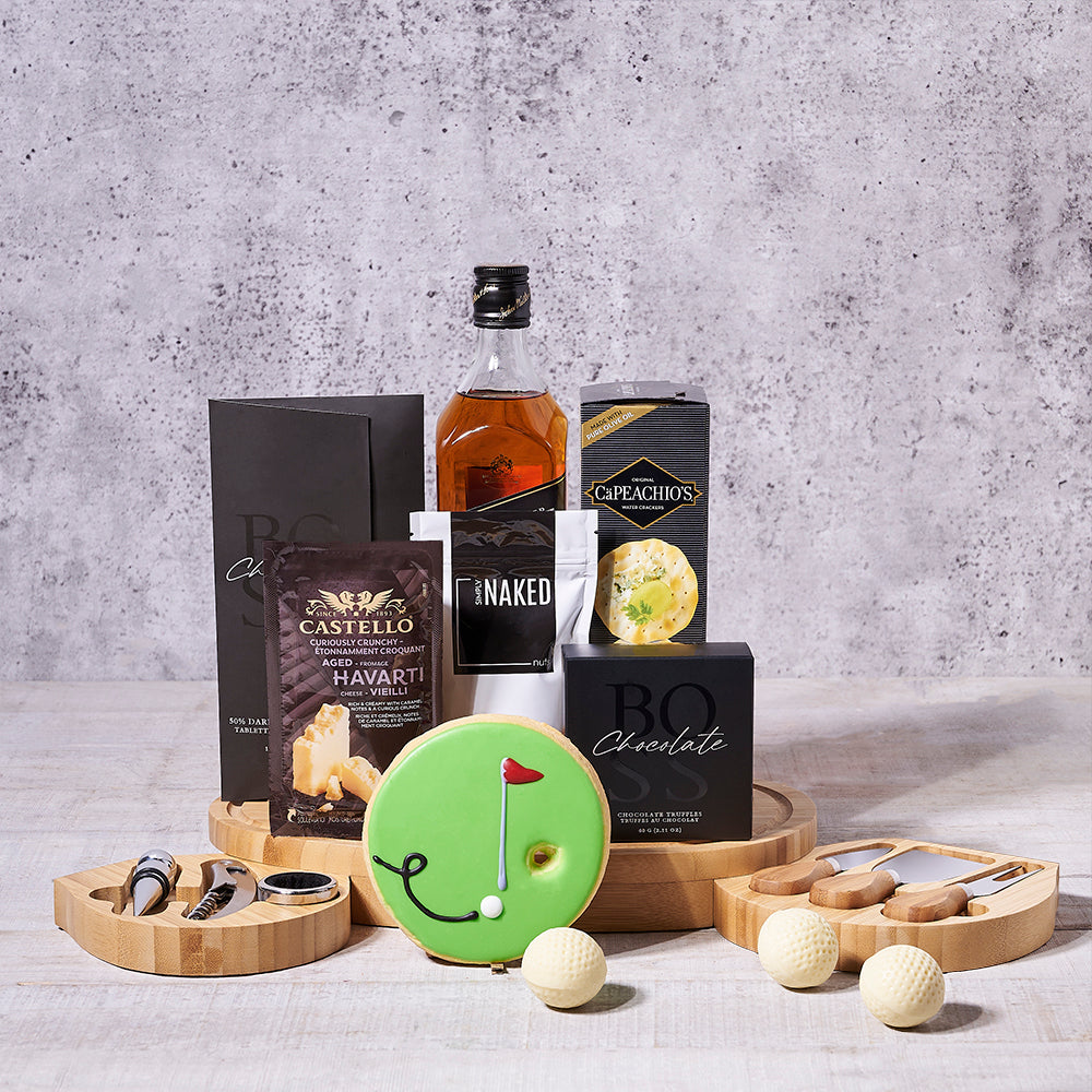 Liquor Basket with Chocolates and Cheese – how the gift is presented